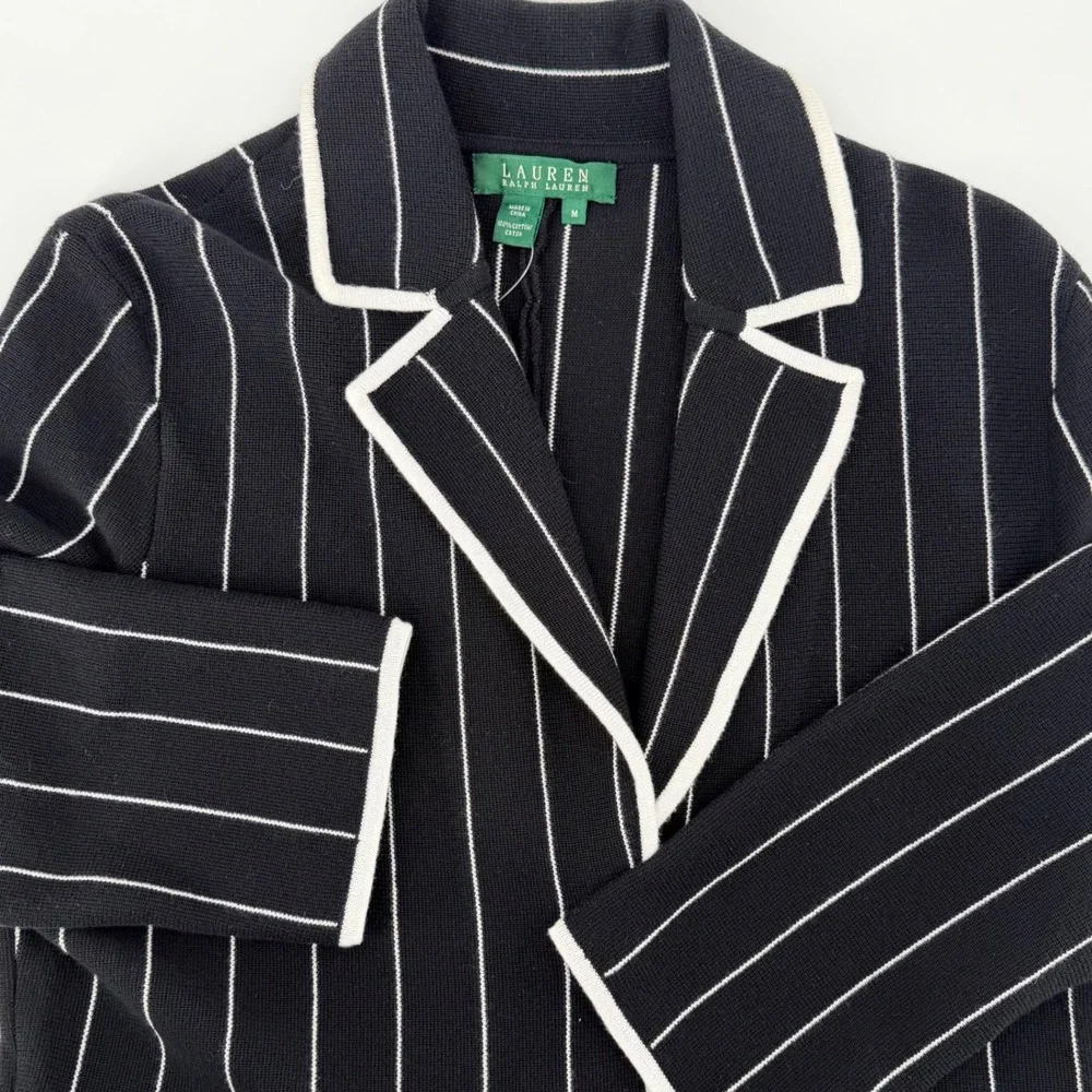 Lauren Ralph Lauren Navy White Pinstripe Knit Blazer Cardigan Jacket Womens M - Picture 8 of 9